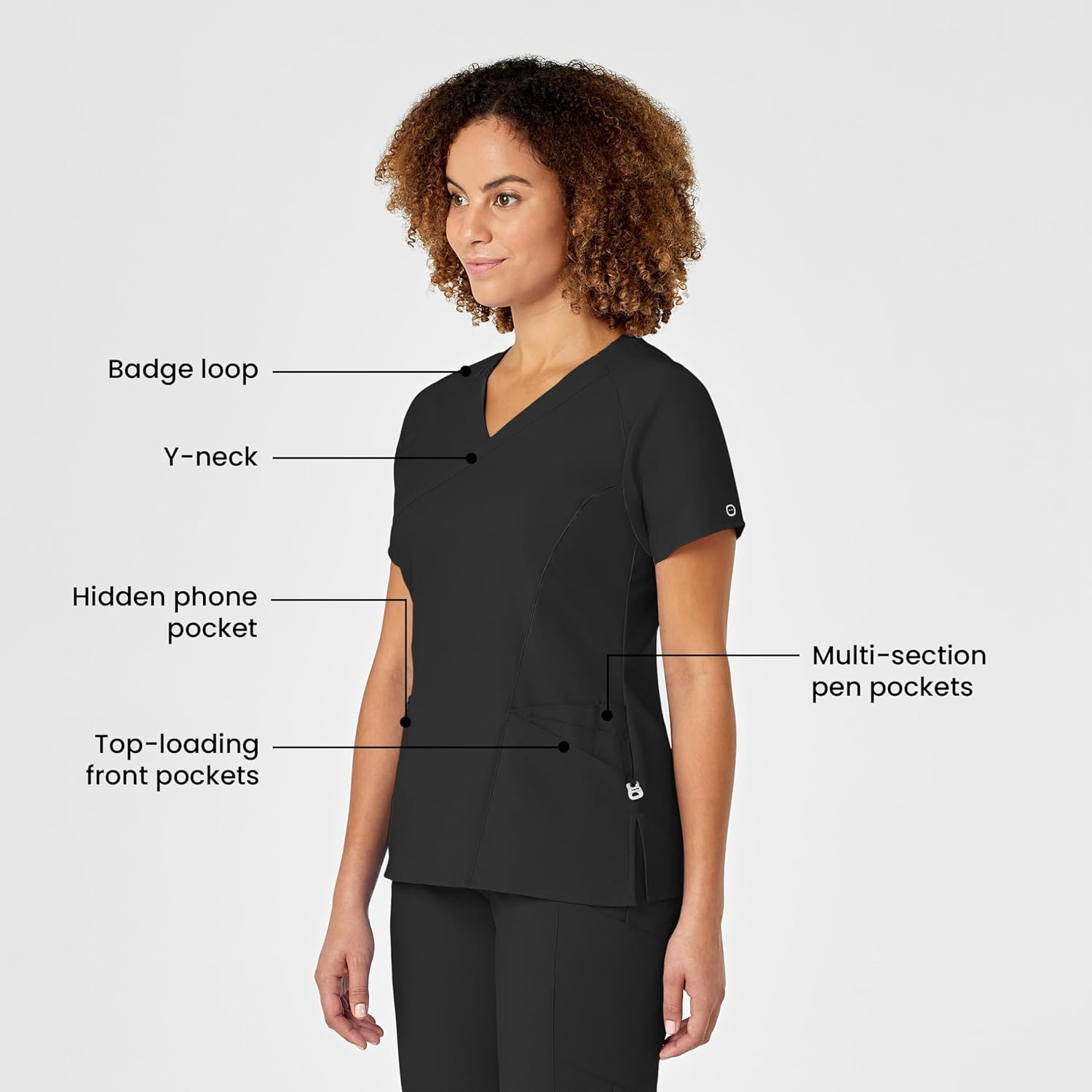 Wink Scrubs for Women, W123, Mock Wrap Tops with 10 Pockets Black - Image 2