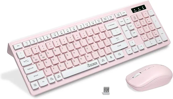 Wireless Keyboard and Mouse Combo, Reccazr 2.4G Full-Sized Keyboard and Mouse Cordless, 3 DPI Adjustable Mouse, Dual-System Keyboard for Computer/Laptop/Windows/Mac (Pink & White)