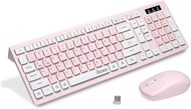 Wireless Keyboard and Mouse Combo, Reccazr 2.4G Full-Sized Keyboard and Mouse Cordless, 3 DPI Adjustable Mouse, Dual-System Keyboard for Computer/Laptop/Windows/Mac (Pink & White)