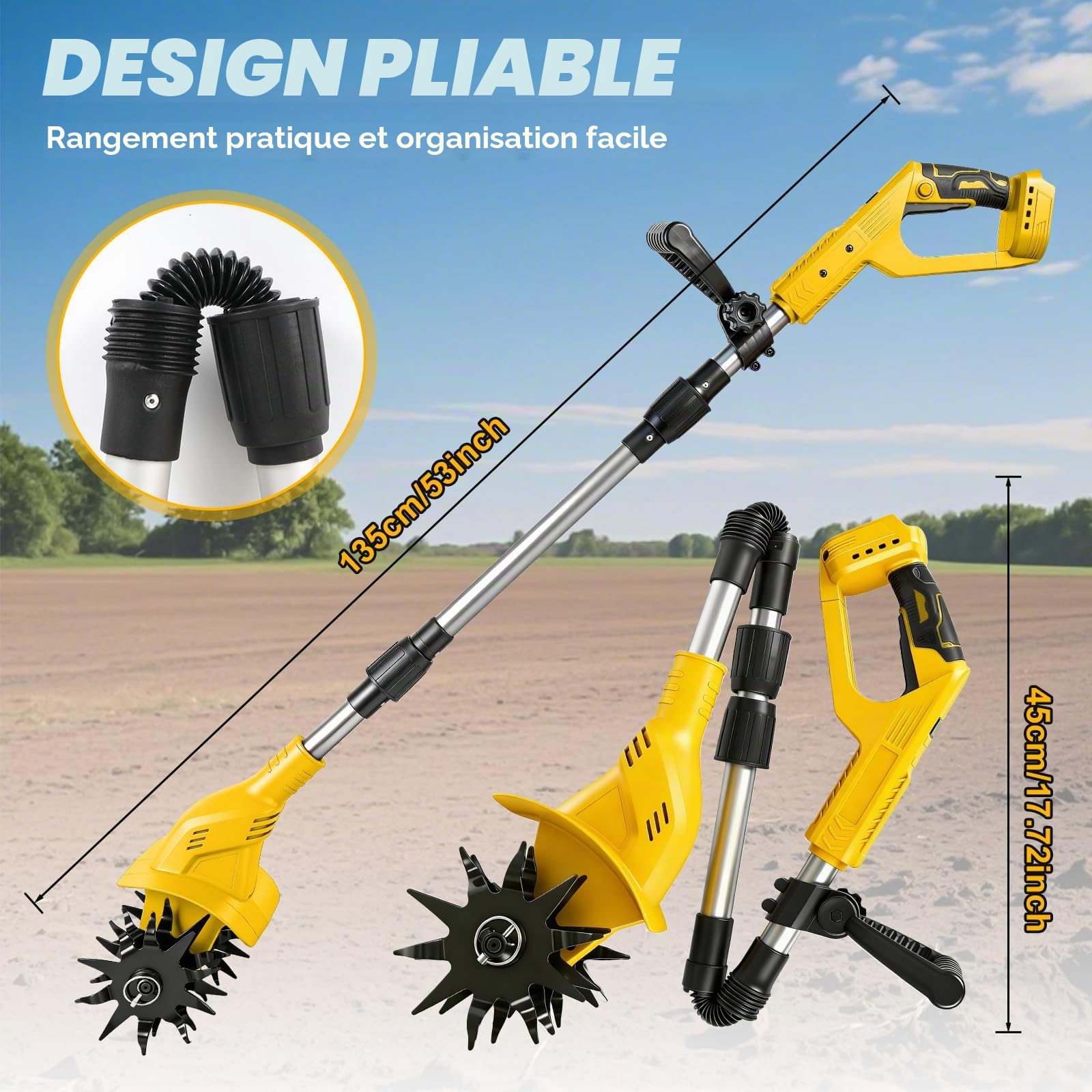 Cultivateur de jardin sans fil compatible avec batterie Dewalt 20 V (sans batterie), rotavateur de jardin sans balais de 500 W avec profondeur de labour de 16 cm et largeur de labour de 20 cm