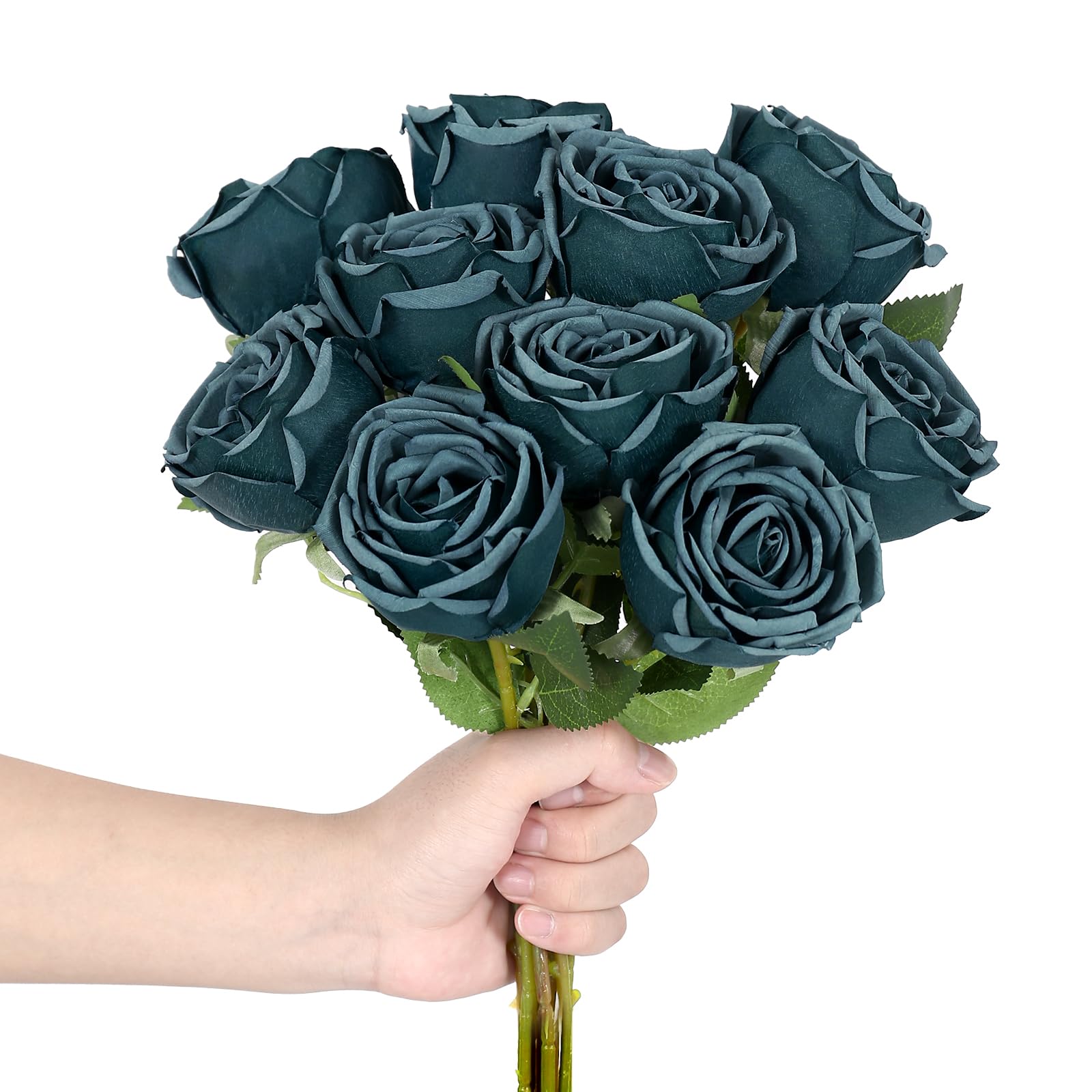 DuHouse 10pcs Fake Roses Artificial Silk Flowers Flower Long Stems Bouquet for Arrangement Wedding Centerpiece Party Home Kitchen Decor(Peacock Blue) - Image 4