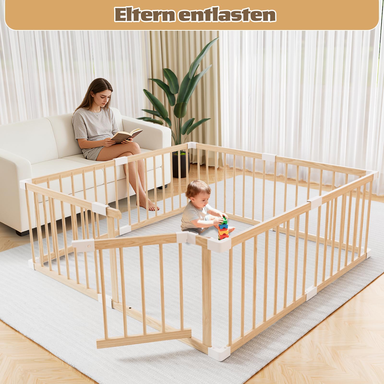 Baby Laufstall aus Holz mit Tür & Sicherheitsverschluss - Robustes Laufgitter zum Zusammenbauen, individuell formbares Krabbelgitter & Absperrgitter für Babys und Kleinkinder(135 * 134 * 61 cm)