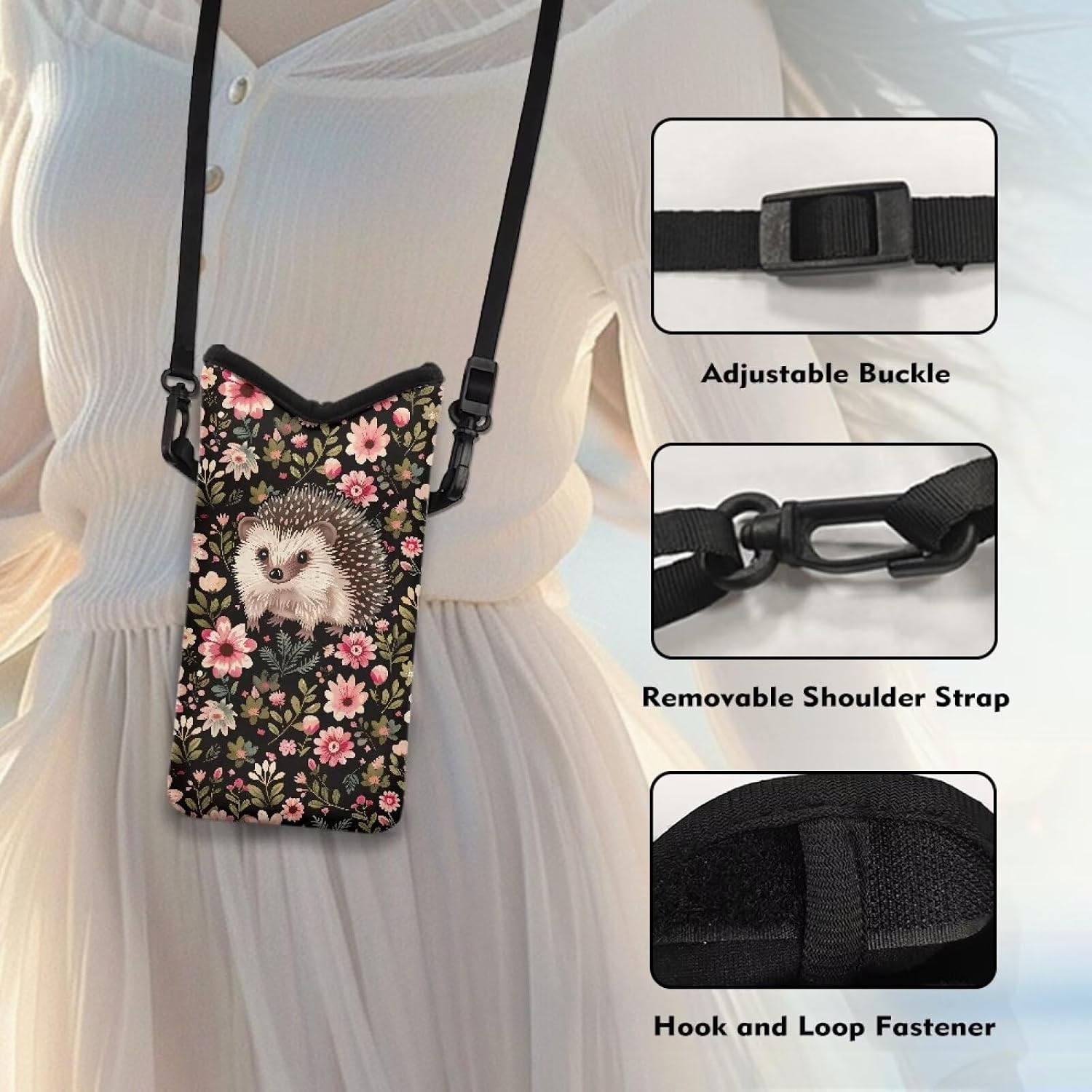 Mobile Phone Bag for Women Men Soft Phone Case Phone Pouch Belt Loop Holster with Crossbody Strap Hook and Loop Fastener Vacation Accessories, Vintage Hedgehog Flowers Print image 5
