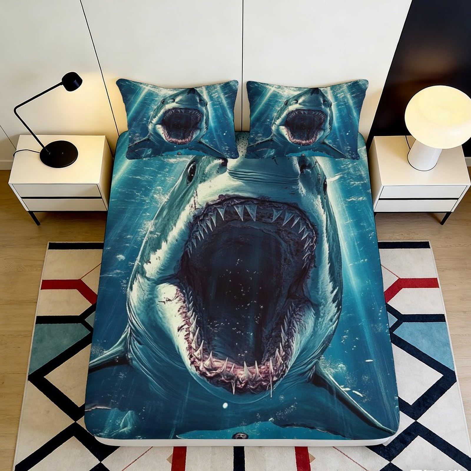 3D Printed Shark Attack Fitted Sheet Microfiber Soft Breathable Ocean Predator Bed Cover for Bedroom Dorm Decor Mattress Protection 90x200x25cm