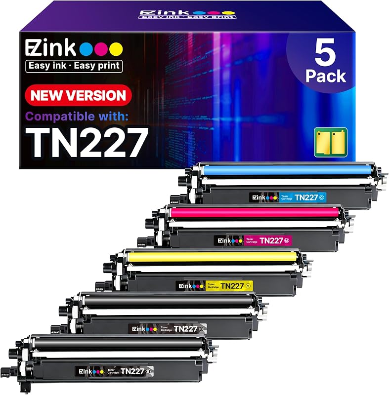 E-Z Ink TN227 for TN-227BK/C/M/Y High Yield Brother TN227 Toner TN 227 223 | TN227 Brother Toner TN227BK TN-223BK/C/M/Y for Brother HL-L3270CDW MFC-L3770CDW HL-L3290CDW HL-L3230CDW MFC-L3750CDW (5 Pack)