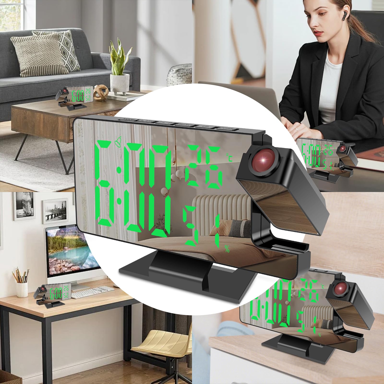 Digitaler Projektionswecker mit 180° drehbarem Projektor, 4 Stufen Dimmbare Spiegelprojektionsuhr, Großes Display Digitale Projektionswecker Projektionswecker Projektionsuhren mit Schlummerfunktion