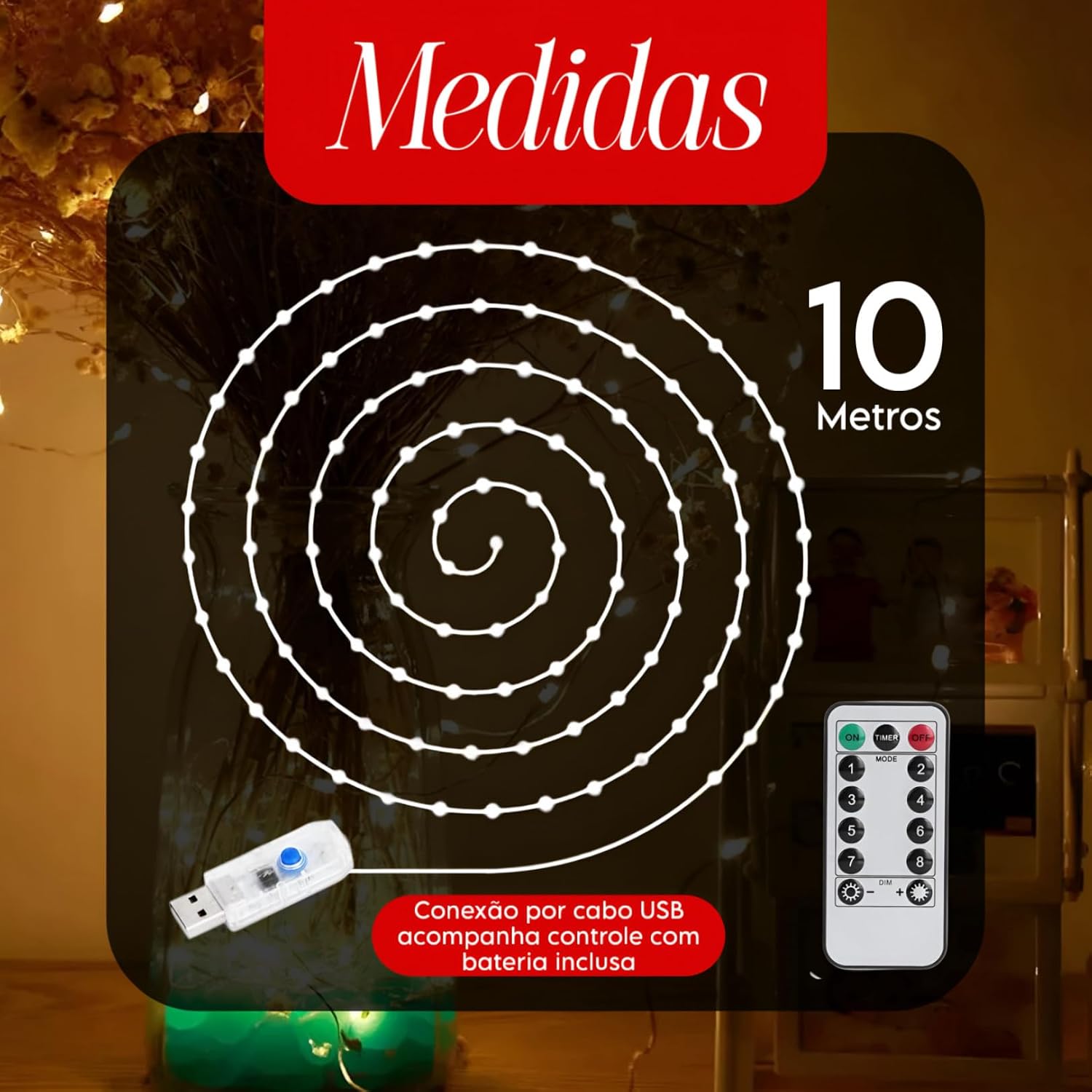 Luz Fio de Fada Cordão de Cobre Enfeite Natalino - 10 Metros 100 Leds 8 funções com Controle e USB - Decoração Natal (01) Luz Fio de Fada Cordão de Cobre Enfeite Natalino - 10 Metros 100 Leds 8 funções com Controle e USB - Decoração Natal (01)