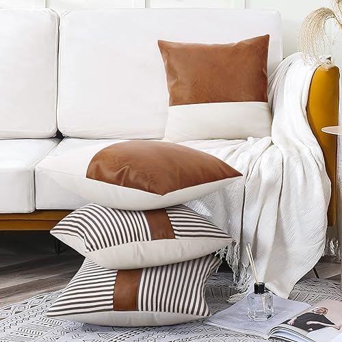 Miniatura 2 de Paquete de 4 fundas de almohada decorativas modernas de 18 x 18 pulgadas, de piel sintética marrón a rayas, para sofá, sala de estar, dormitorio,