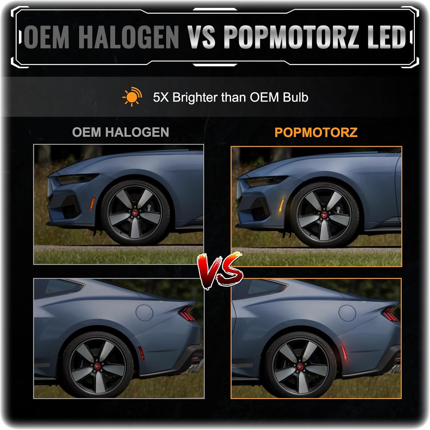 POPMOTORZ LED Side Marker Lights Assembly Compatible With Ford Mustang (S650, Gen7) 2024 2025 Front Rear Fender LED Side Markers Lamps Side Bumper Lights Smoked Lens 4PCS