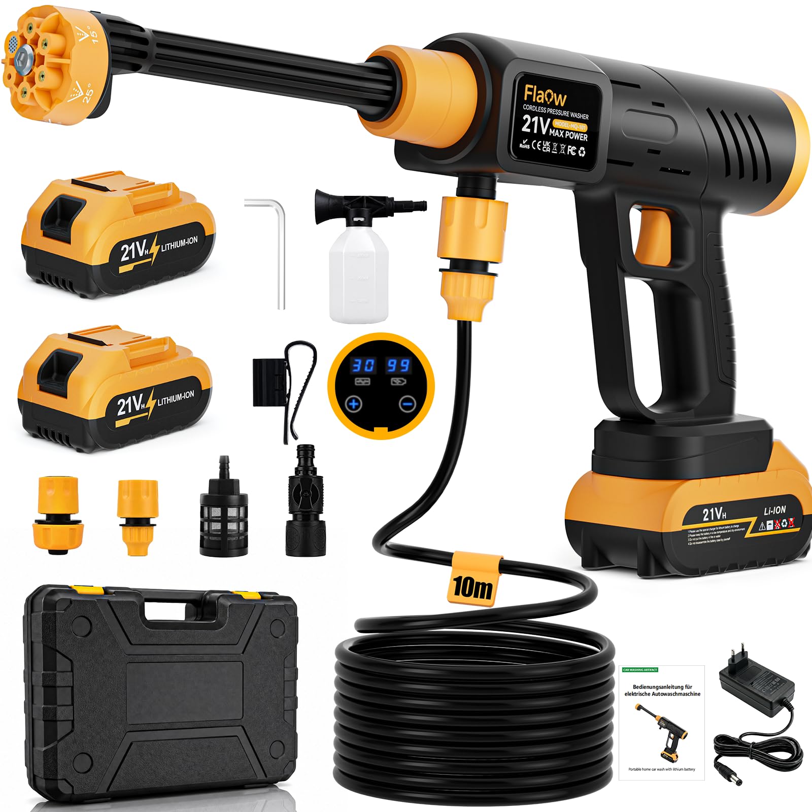 80Bar Idropulitrice a Batteria Collegamento a Rubinetto Diretto, Idropulitrice Portatile Ugello 6 in 1 e Controllo Pressione Regolabile per Giardino, Auto e Pulizie Esterne