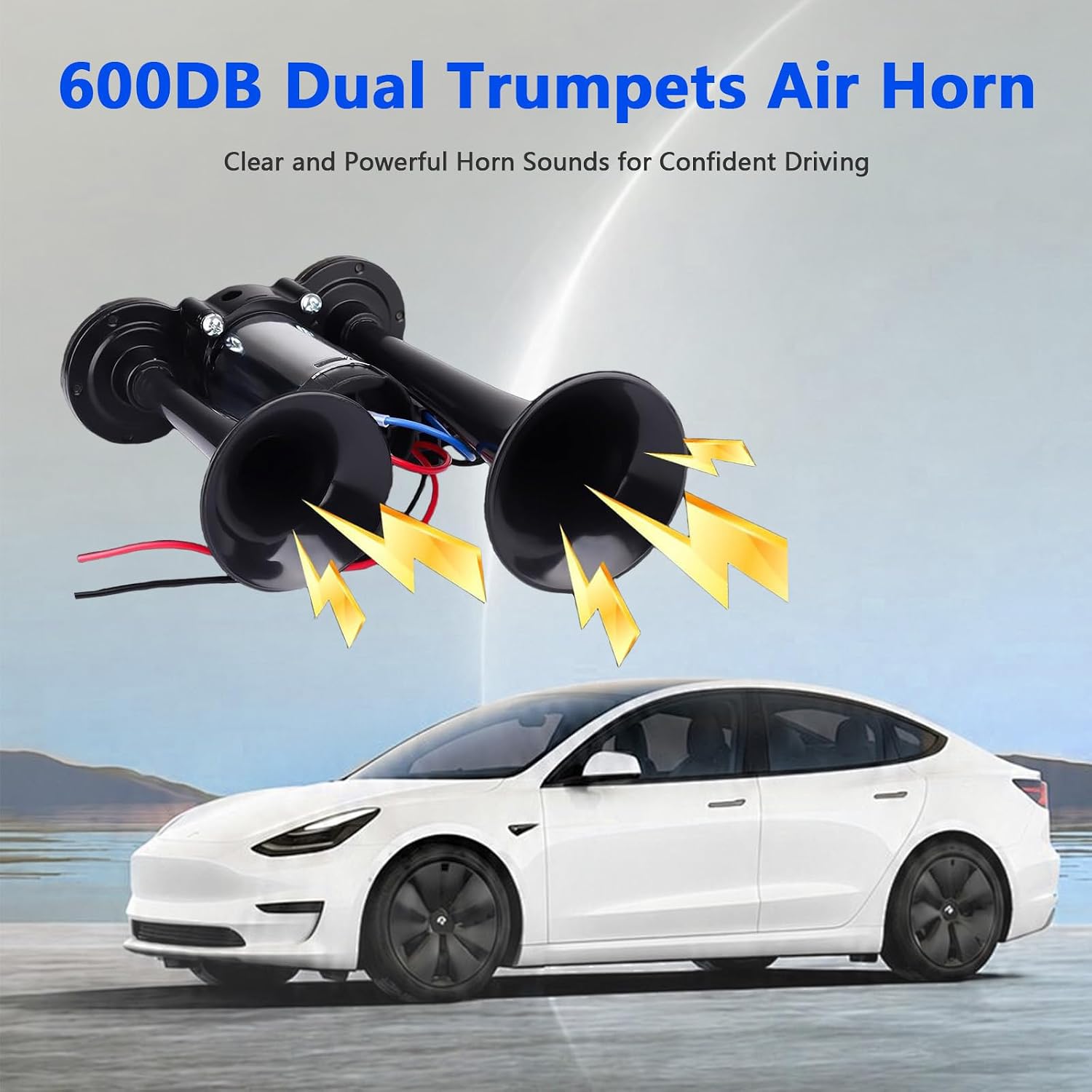 12V 600DB Air Horn Dual Trumpets, Super Loud Truck Train Horns Kit with Air Compressor Trains Cars Boats