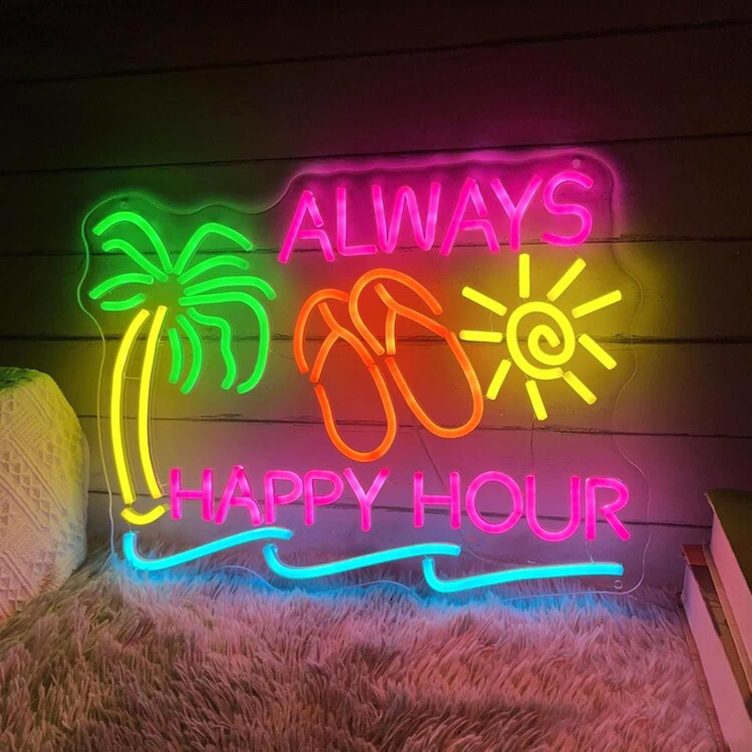 Always Happy Hour Neon Sign Palm Tree Sun Tiki Bar Light Up Signs for Wall Decor Beach Bar Home Bar Decoration Size: 20inches