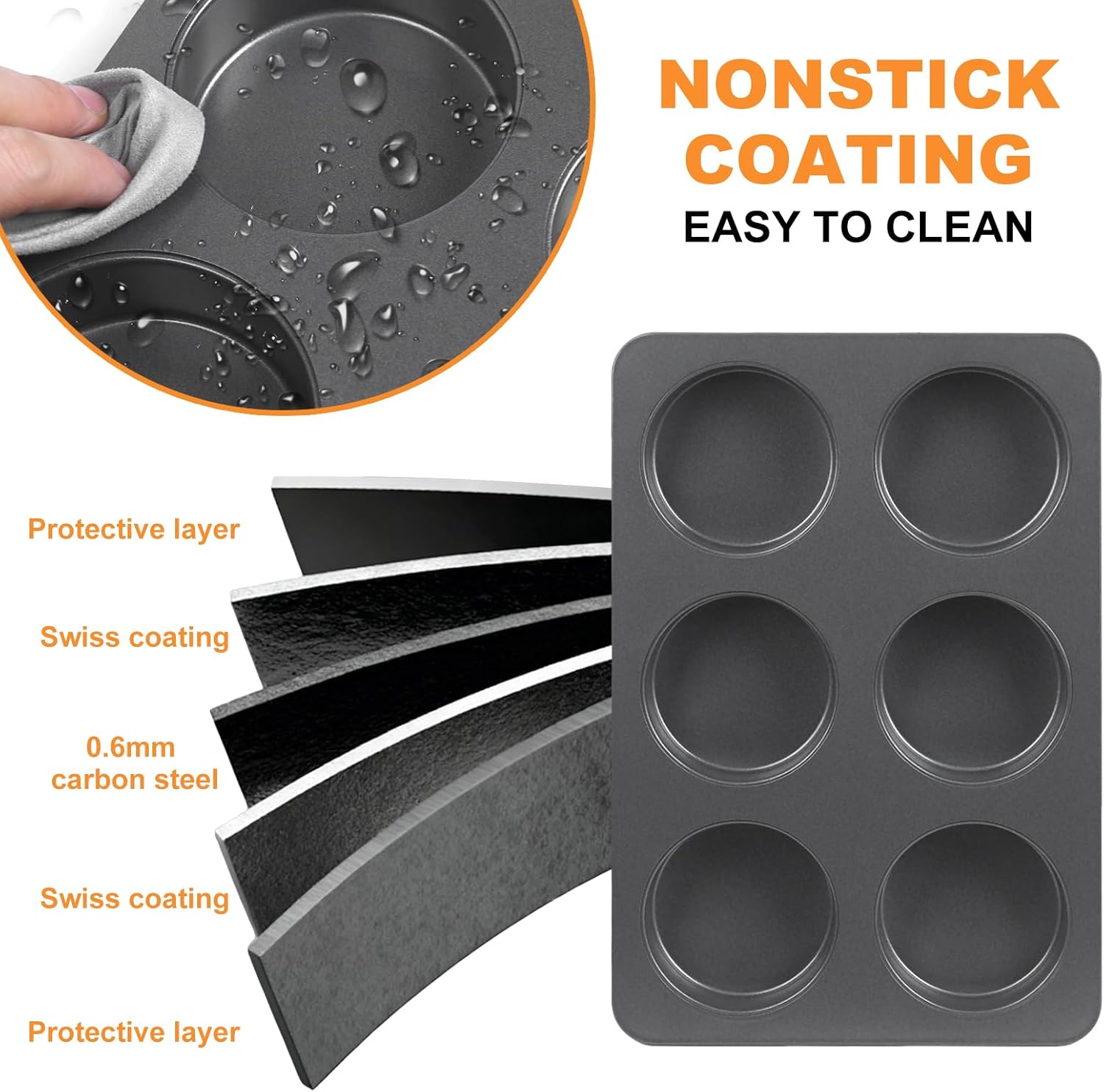 6 Cup Muffin Pan with Lid, Carbon Steel Non Stick Cupcake Pans for Baking, 9 x 13 Inch Even Crical Deep Baking Pan for Cup Cake, English Muffin, Whoopie Pie, Hamburger Buns