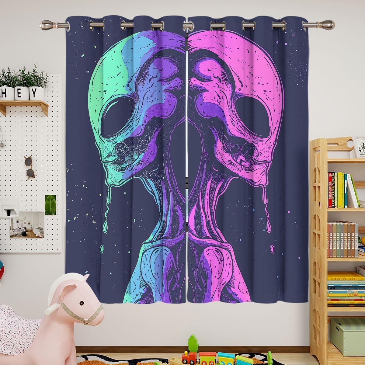 Alien Blackout Curtains for Girls Boy Home Decor, Trippy Hippie Neon Blue Purple Martiansal Grommet Thermal Insulated Drapes Darkening Window Curtain for Bedroom Living Room, 42 x 63 Inch