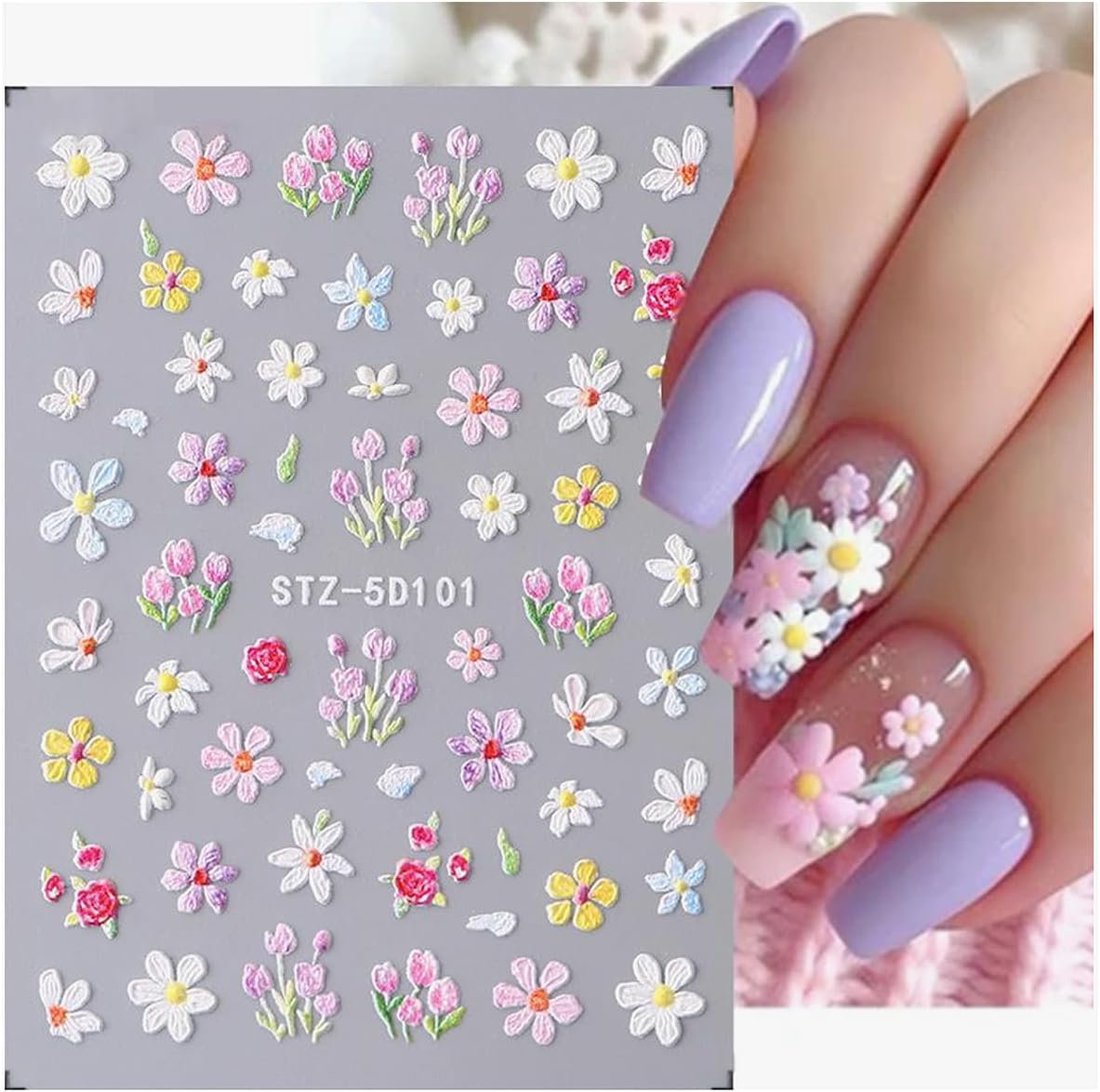 JMEOWIO 3D Embossed Flower Nail Art Stickers Decals Self-Adhesive 5D Spring Summer Floral Nail Supplies Nail Art Design Decoration Accessories 4 Sheets
