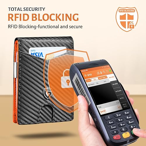 Miniatura 4 de GSOIAX Billeteras para hombre con bloqueo RFID, delgadas y plegables para hombre, minimalista, cuero auténtico, fibra de carbono, clip para dinero