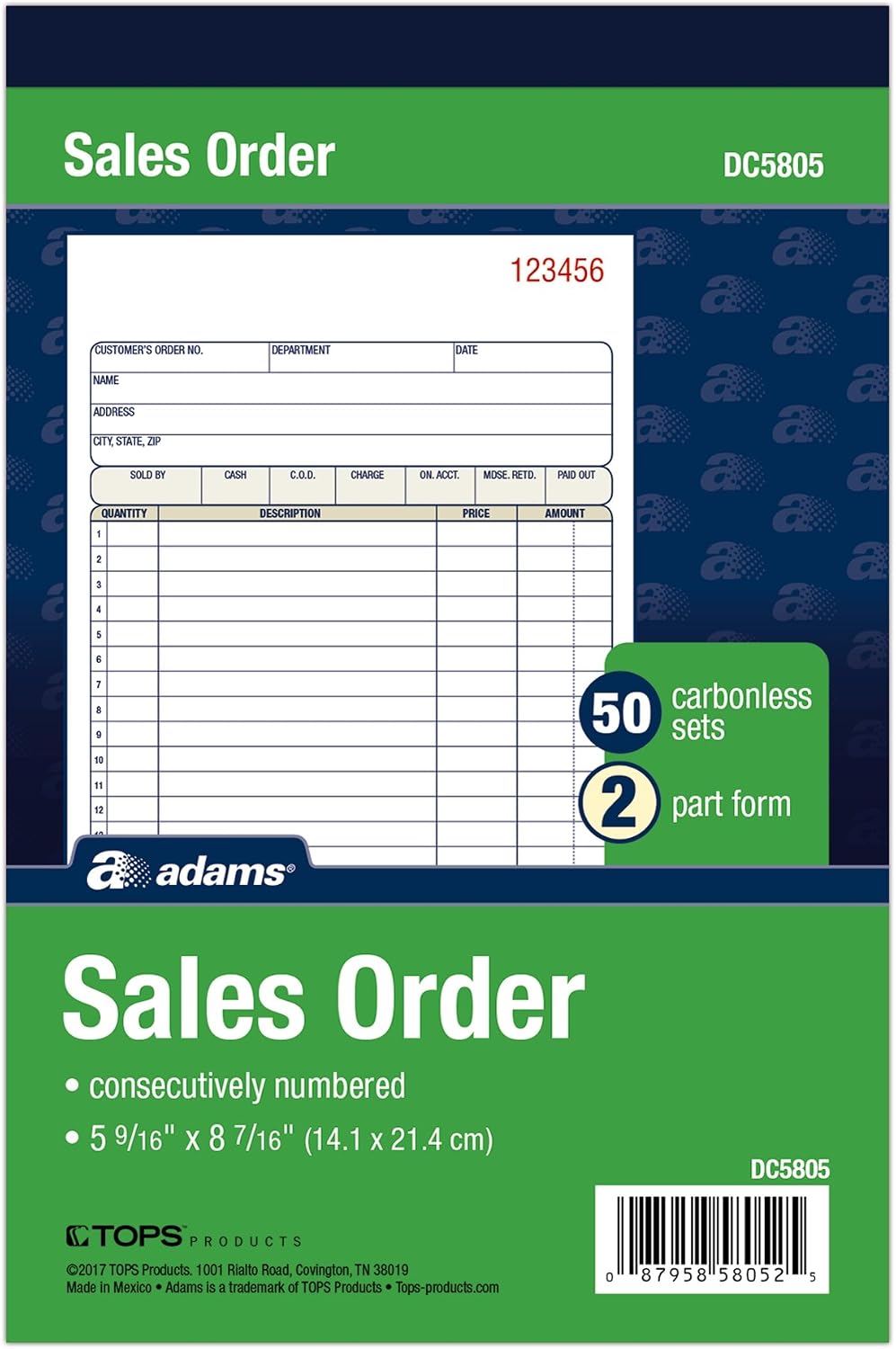Adams Sales Order Book, 2-Part, Carbonless, White/Canary, 5-9/16 x 8-7/16 Inches, 50 Sets per Book (DC5805)