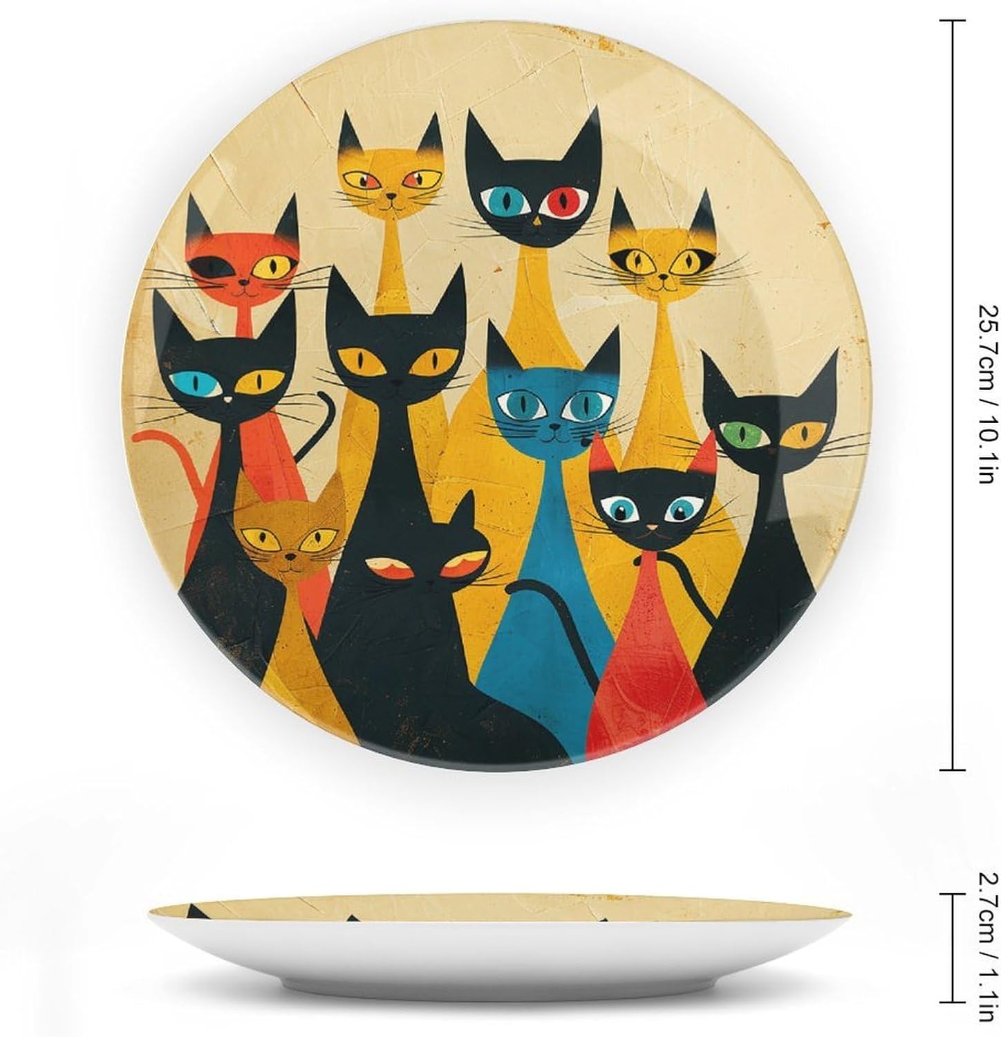 A Group of Cats Ceramic Plate 10inch Decorative Bone China Wall Hanging Ornament Plates Bohemian Style Dinner Plate with Display Stand Cabinet Display Plates for Home Art Decor