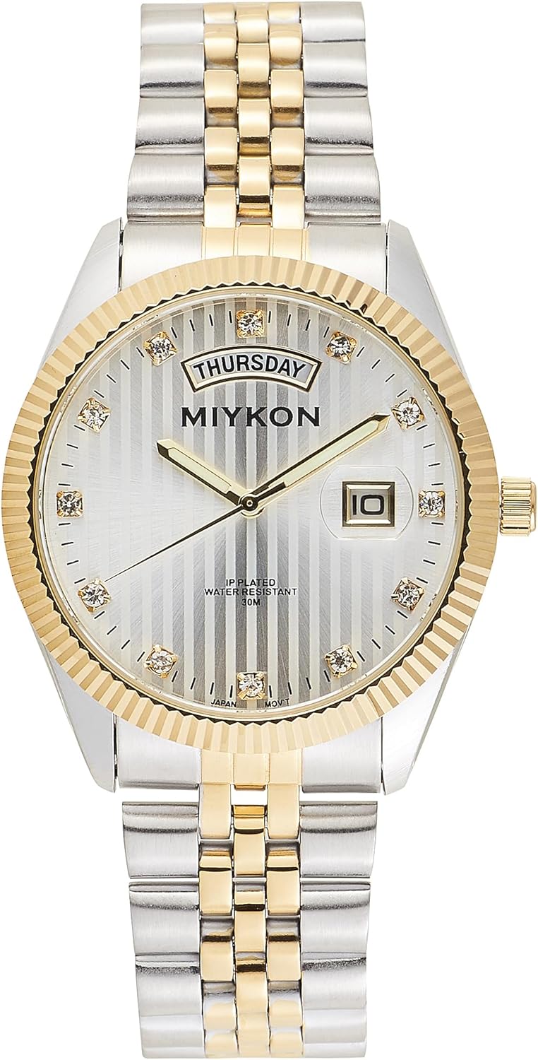 Miykon Silver and Gold Watches for Men | Day Date Mens Dress Watch with Genuine Crystals and Stainless Steel Bracelet | Ion Polished, Lume Hands, Anti-Scratch Glass, Japan Quartz, 100ft Water Resist