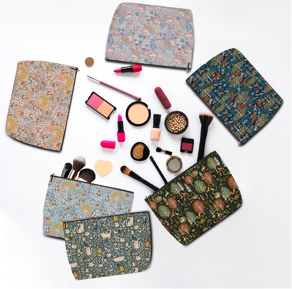 6 Pieces Makeup Bag Forest Fox Garden Cat Deer Rabbit Floral Aesthetics Skincare Bag Travel Toiletry Bag Makeup Pouch Cosmetic Bag Thank You Friendship Gifts for Women Mom Friends Bestie Coworker Aunt - Image 4