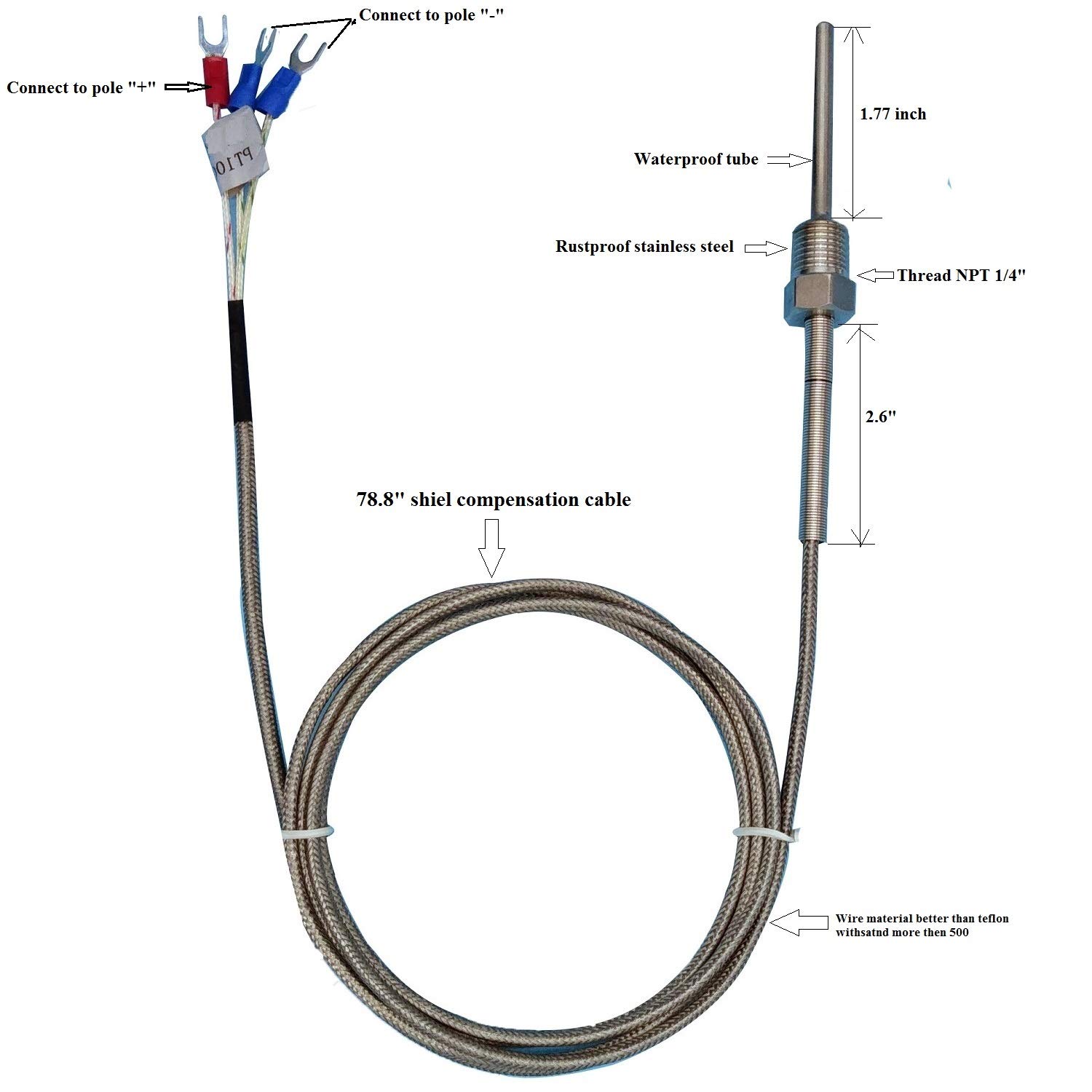 Waterproof RTD PT100 Temperature Sensor - Jaybva Stainless Steel 3 Wire Thermistor Probe for PID Temperature Controller NPT 1/4" Inch Pipe Thread with Insulation Lead Shield Wire -50~500℃ with 2m Wire