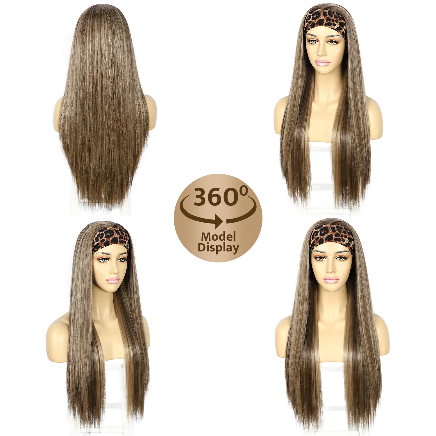 SAPPHIREWIGS Straight Headband Wig Ready to Go Glueless Synthetic Highlight Brown Headband Wigs Long Straight Wig for Black Women Daily Party Use 26 Inch