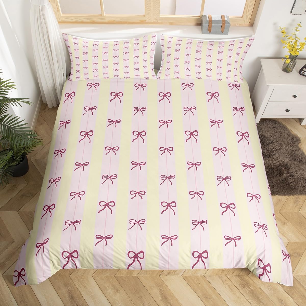 Homemissing Pink Bow Kids Bedding Set,Boys Girls Cot Size,Cute Coquette Bow Knot Duvet Cover,Bowknot Ultra Soft Comforter Cover,Stripes Pattern Bedclothes Girly Bedroom Decor — image 1