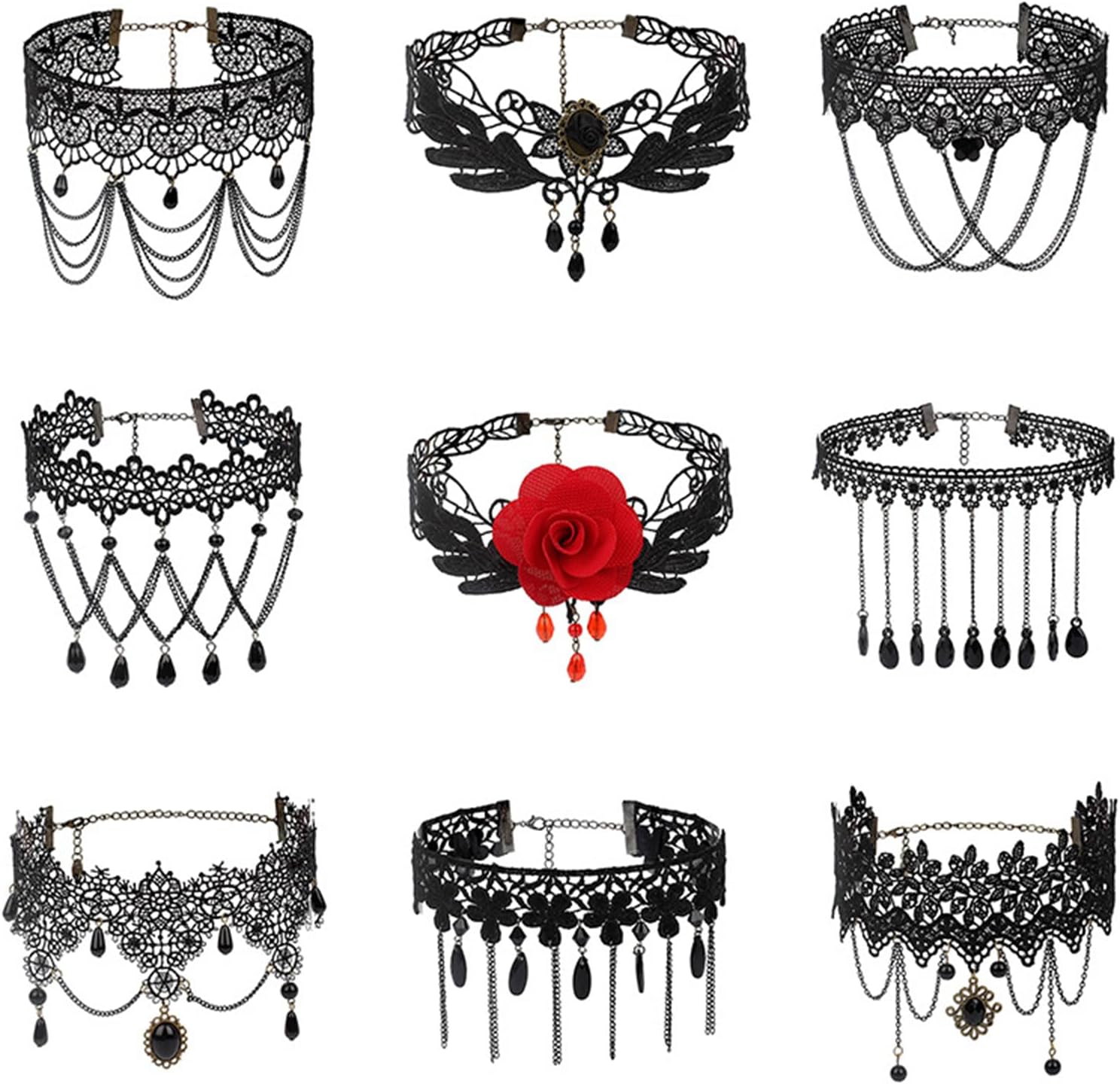 PINK TOWN Gothic Lace Choker Necklace for Women,Vintage Red Black Crystal Pendant Necklaces Punk Style Vampire Necklace Hollowed Out Layer Necklaces Halloween Jewelry Accessories