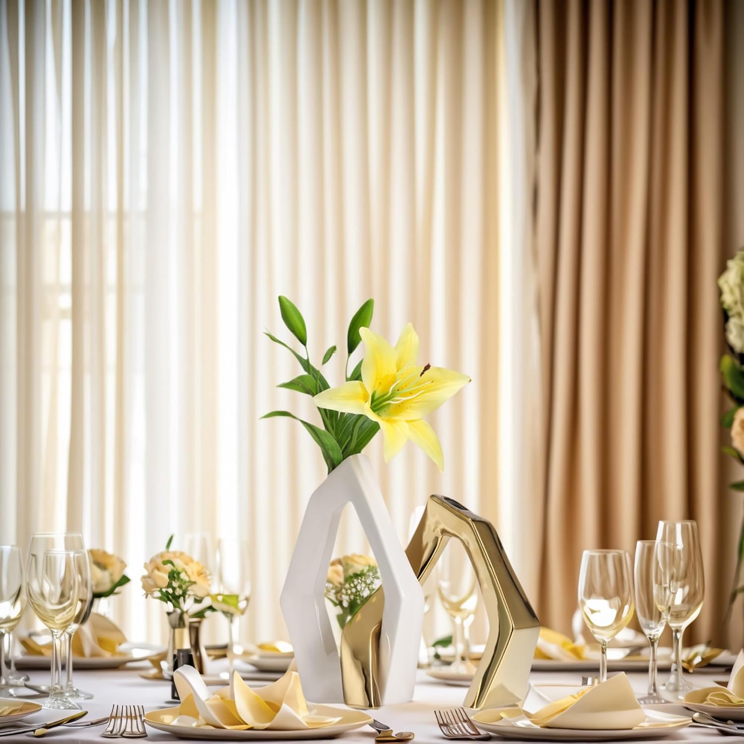 White and Gold Vase Set of 2, Modern Geometric Abstract Ceramic Flower Vase for Centerpieces, TV Stand Decor, Ideal Housewarming or Wedding Gift