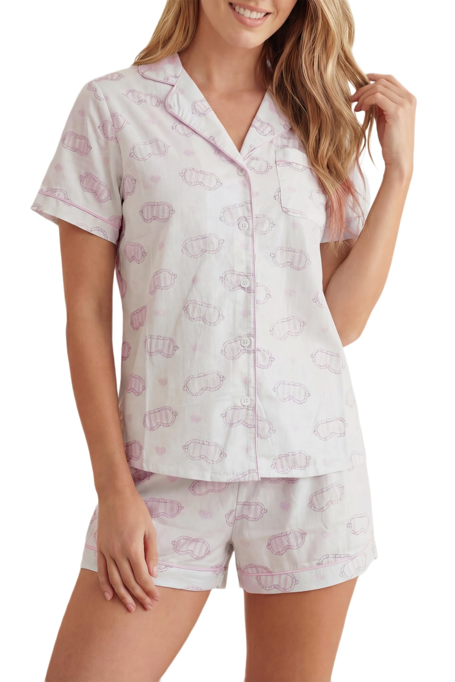 LUBOT 100% Cotton Pajamas for Women 2 Piece PJ Set Poplin Woven Lightweight Ladies Button Short Sleeve Sleepwear S-XXL