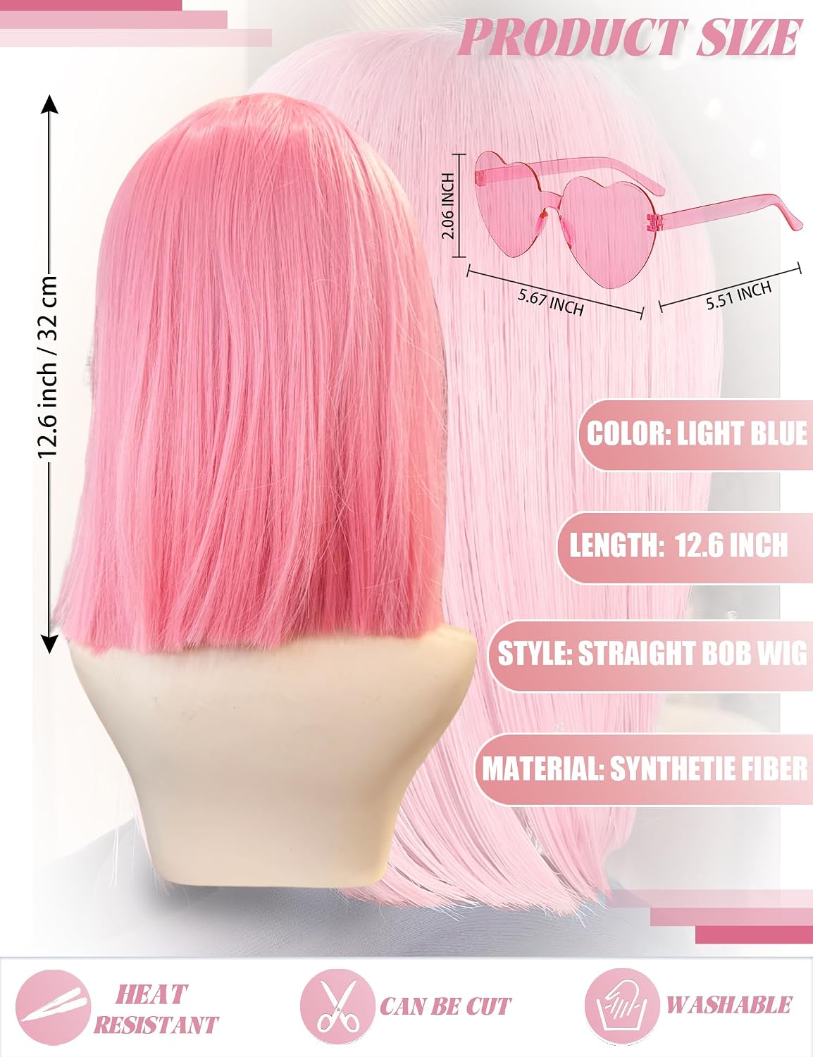 Side Bangs Featured Wigs and Party Sunglasses, Cosplay Color Bob Wig and Party with Neon Glasses for Women - Bachelorette Party Wigs Decorations Favors (Dark Pink)