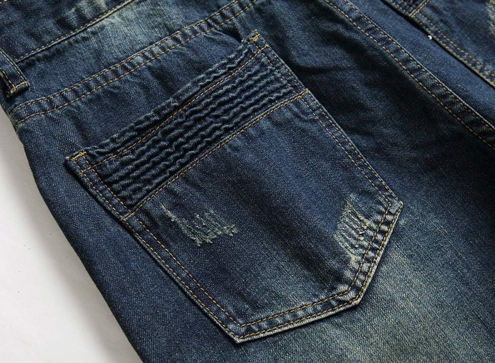 Chowsir Men Vintage Skinny Moto Biker Jeans Stretch Ripped Patch Jeans Straight Denim Pants