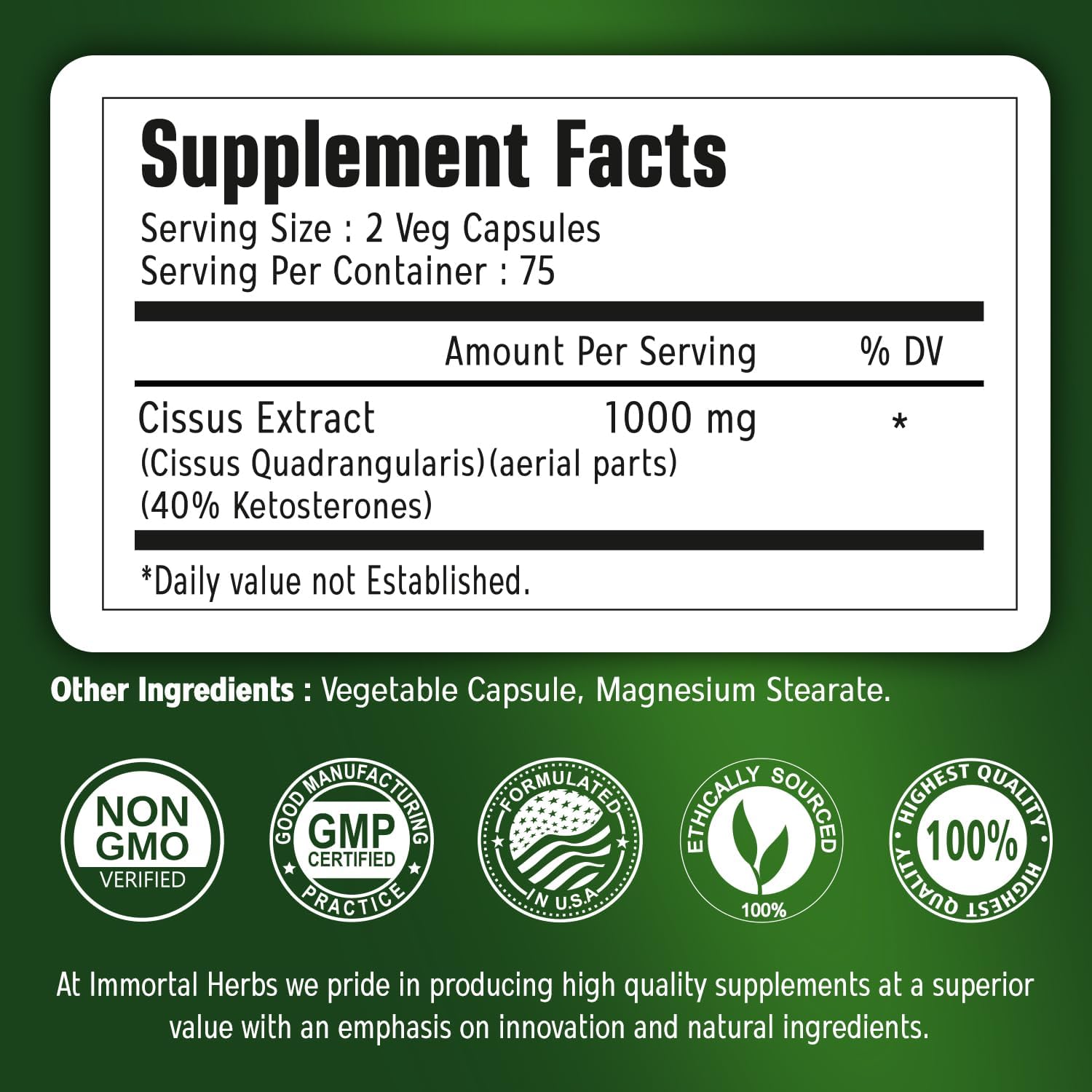 Cissus Quadrangularis Supplement 1000mg, 150 Pills, Pure Extract Powder with 40% Ketosterones, Non-GMO and Gluten-Free Cissus Extract Capsules for Men and Women - Image 2
