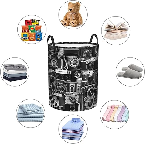 Miniatura 5 de Cesta de ropa redonda impresa para cámara vintage, cesta de ropa impermeable con asas, bolsa de ropa circular de almacenamiento mediano
