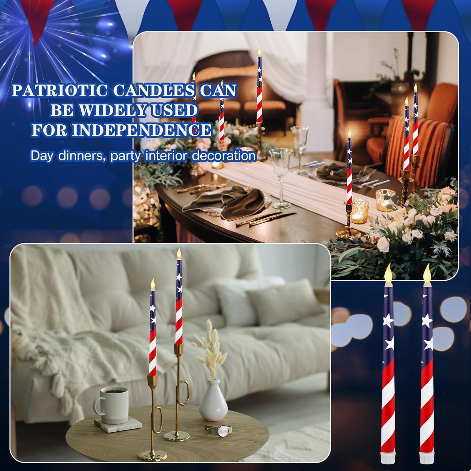 Aurelema 8 Pcs Patriotic Candles Flameless Taper Candles with Remote & Timer 4th of July American Flag Flameless Candlesticks Flickering Real 3D Real Candle for Independence Day Decor (Classic)