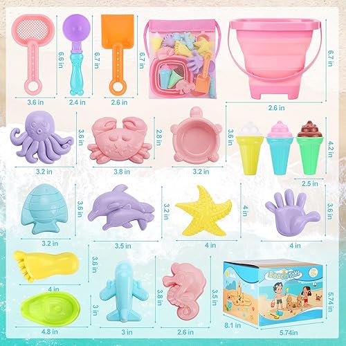 Vista 6 de Juguetes de playa, juguetes de arena de helado para niños pequeños, con cubo plegable y palas para niños con bolsa, juguetes de viaje para niños