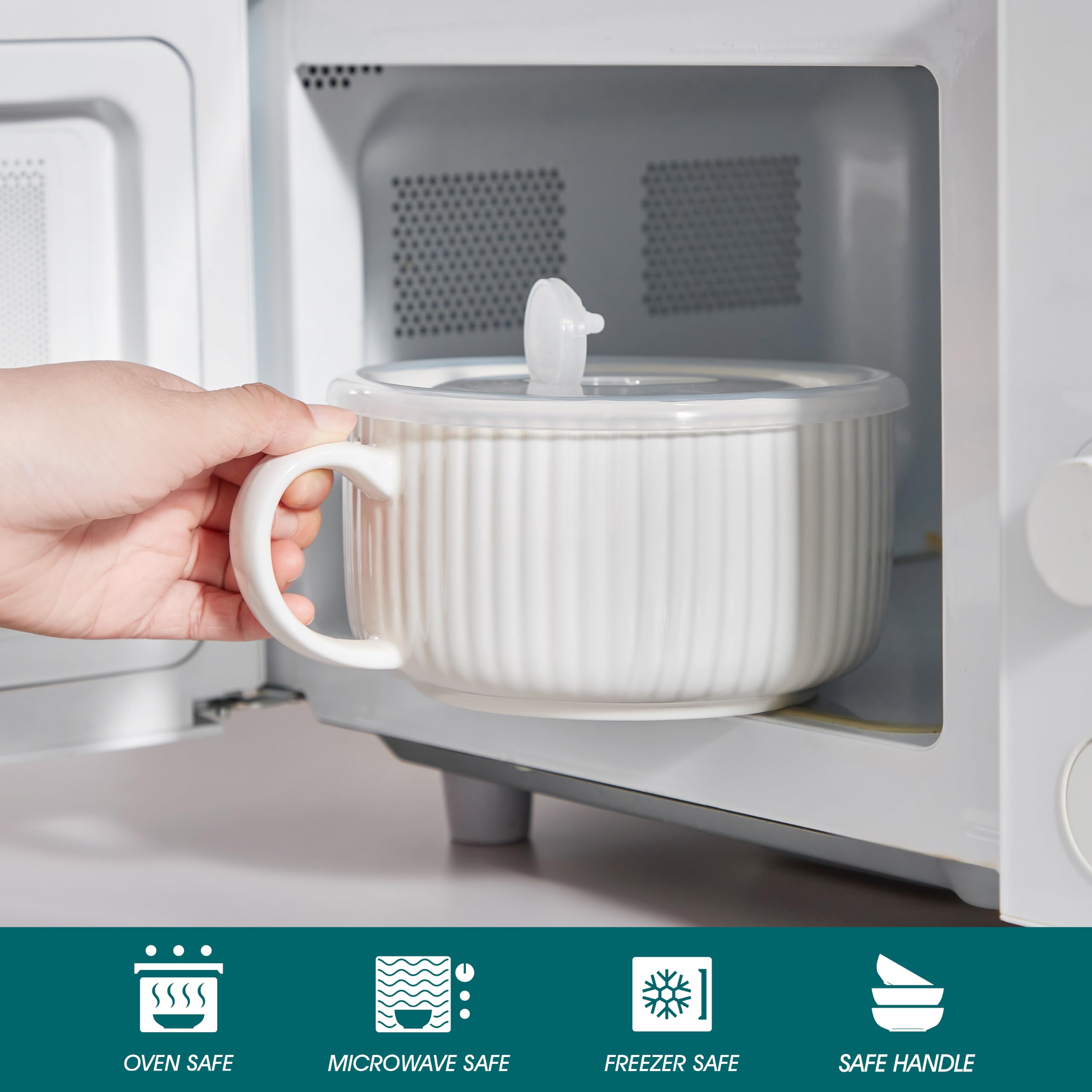 vancasso Bols à Soupe en Céramique 1020 ml, Bols à Ramen avec Poignée | Tasse de Soupe blanc avec poignée et couvercle en silicone ventilé, Bols de Soupe pour ramen, pâtes, céréales et salade