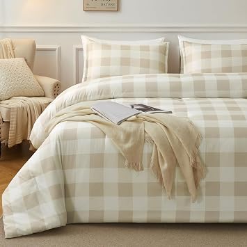 Beige Grid Comforter Set, 3 Pieces King Gingham Bedding Set | Plaid Comforter for Boys Girls Teen, Lightweight Reversible Checkered Bed Set With Comforter & Pillowcases, All Season