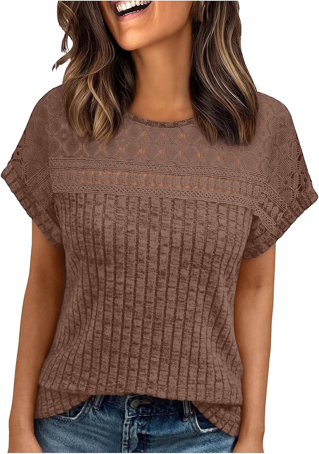 Womens Summer Shirts Lace Eyelet Short Sleeve Crewneck Ribbed Knit Tops Button Tunic Solid Color Trendy Tee