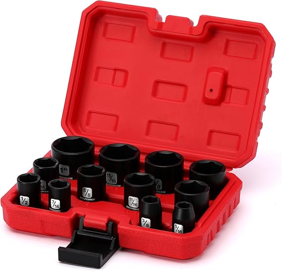 MIXPOWER 12 Pieces 3/8-Inch Drive Shallow Impact Socket Set, 5/16 to 1 inch, CR-V, SAE, 6 Point, Shallow, 12 Pieces 3/8 Dr. Socket