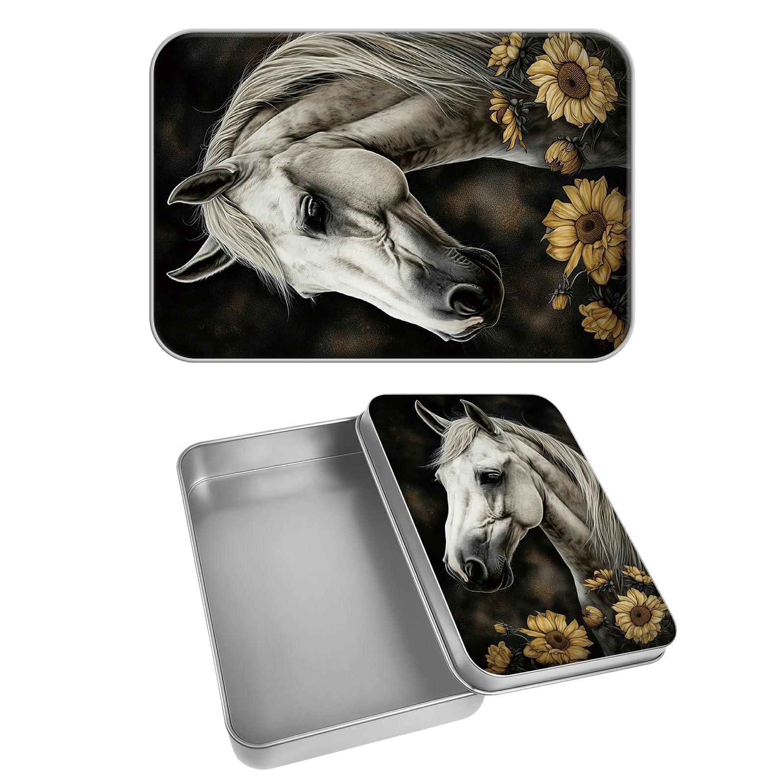Rectangular Metal Tin Box with Removable Lid, White Horse Decorative Printed Metal Storage Container for Cards, Diaries, Home Organization 4.53 x 3.35 x 0.86 inch– Single Pack