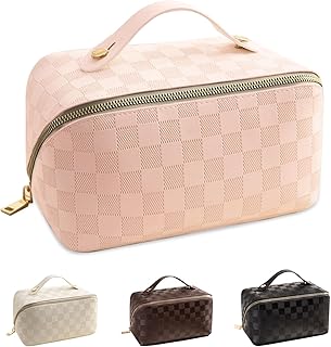 Large Capacity Makeup Bag, Travel Cosmetic Bag, PU Leather Makeup Pouches for Women, Waterproof Portable Large Wide-open Pouch with Divider and Handle for Travel Makeup Bag (pink)