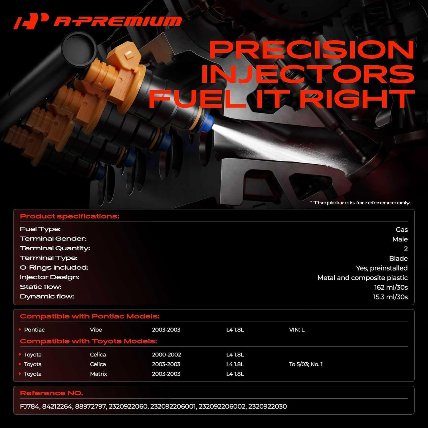A-Premium 4 Holes Set of 4 Fuel Injectors Compatible with Toyota Matrix 2003, Celica 2000-2003 & Pontiac Vibe 2003, 1.8L, Replace# 232092206001