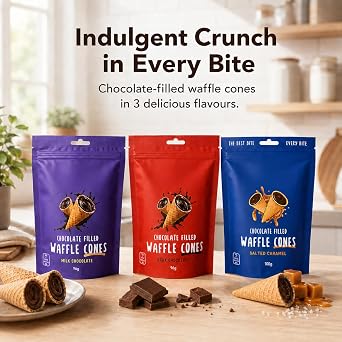 3 Pack Assortment Crisp Chocolate Filled Waffle Cones Mixed Pack, (Milk Chocolate+Dark Chocolate+Salted Caramel)-96g