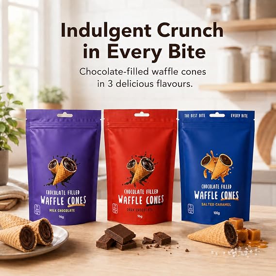 3 Pack Assortment Crisp Chocolate Filled Waffle Cones Mixed Pack, (Milk Chocolate+Dark Chocolate+Salted Caramel)-96g
