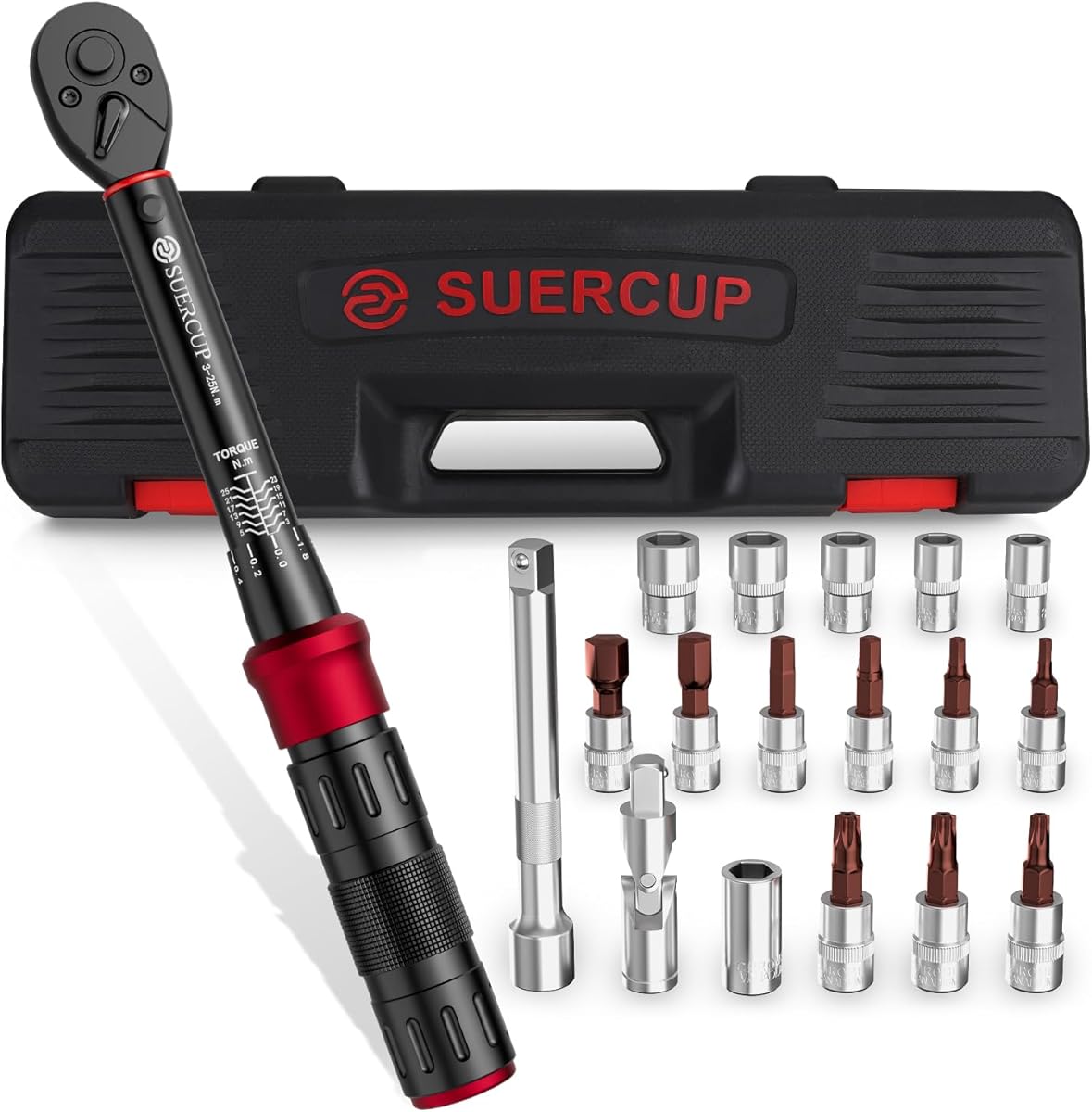 SUERCUP 1/4-Inch Drive Click Torque Wrench, 18 PCS Bike Torque Wrench Set 3-25Nm, Dual-Direction Adjustable 72 Tooth Click Torque Wrench, Used for Bicycle Maintenance