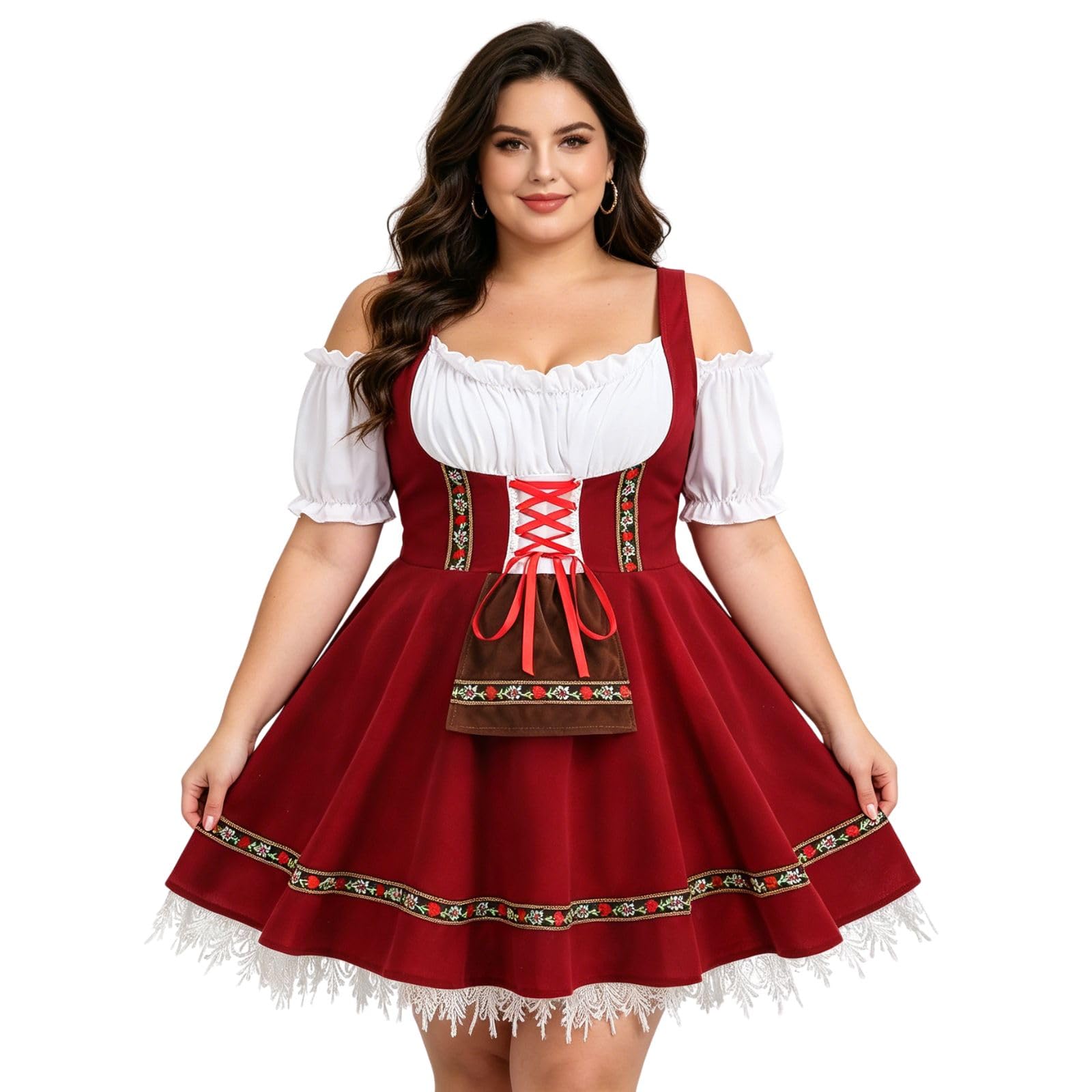 HAPNBCELE Womens Oktoberfest Costume Plus Size, German Dirndl Dress One-Shoulder Beer Festival Bavarian Carnival Halloween (Jujube Red, 2X)