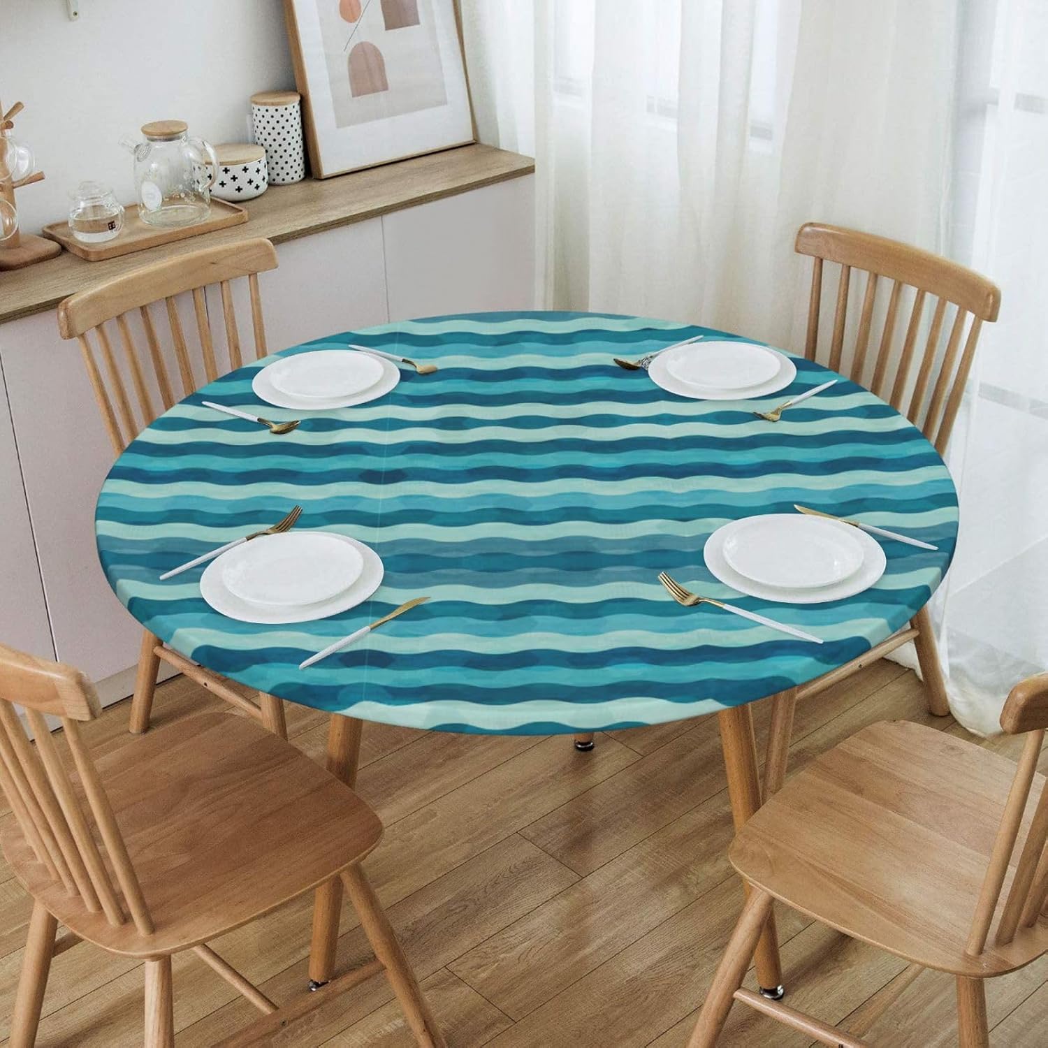 Blue Wave Stripe Print Outdoor Patio Kitchen Decor Supplies Wipeable Round Table Cloth for Indoor Outdoor