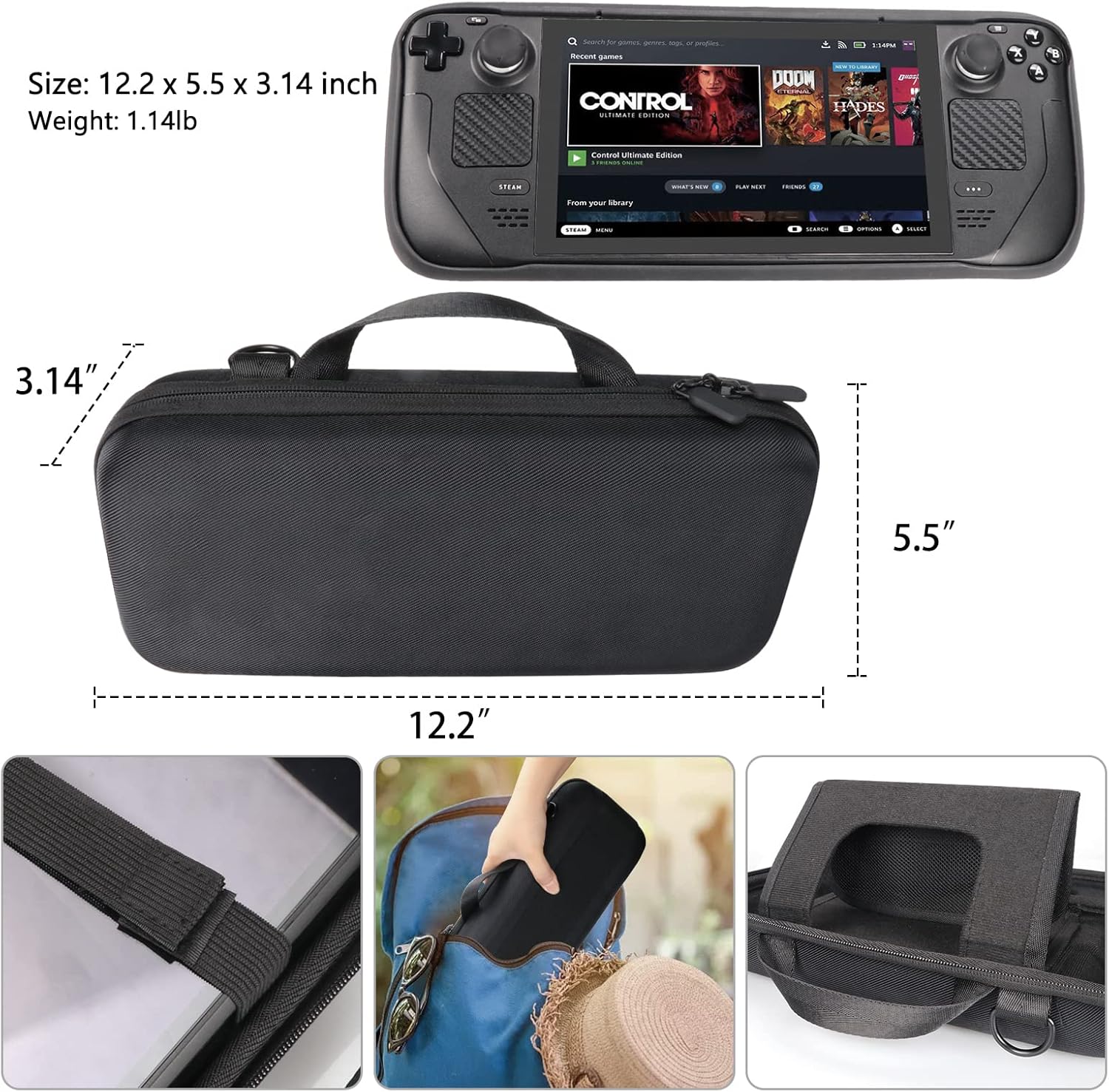 Carrying Case for Steam Deck Case, Portable Protective Travel Hard Cases with Strap Storage Shell Pouch Pockets for Console Accessories Game in Recessed Space
