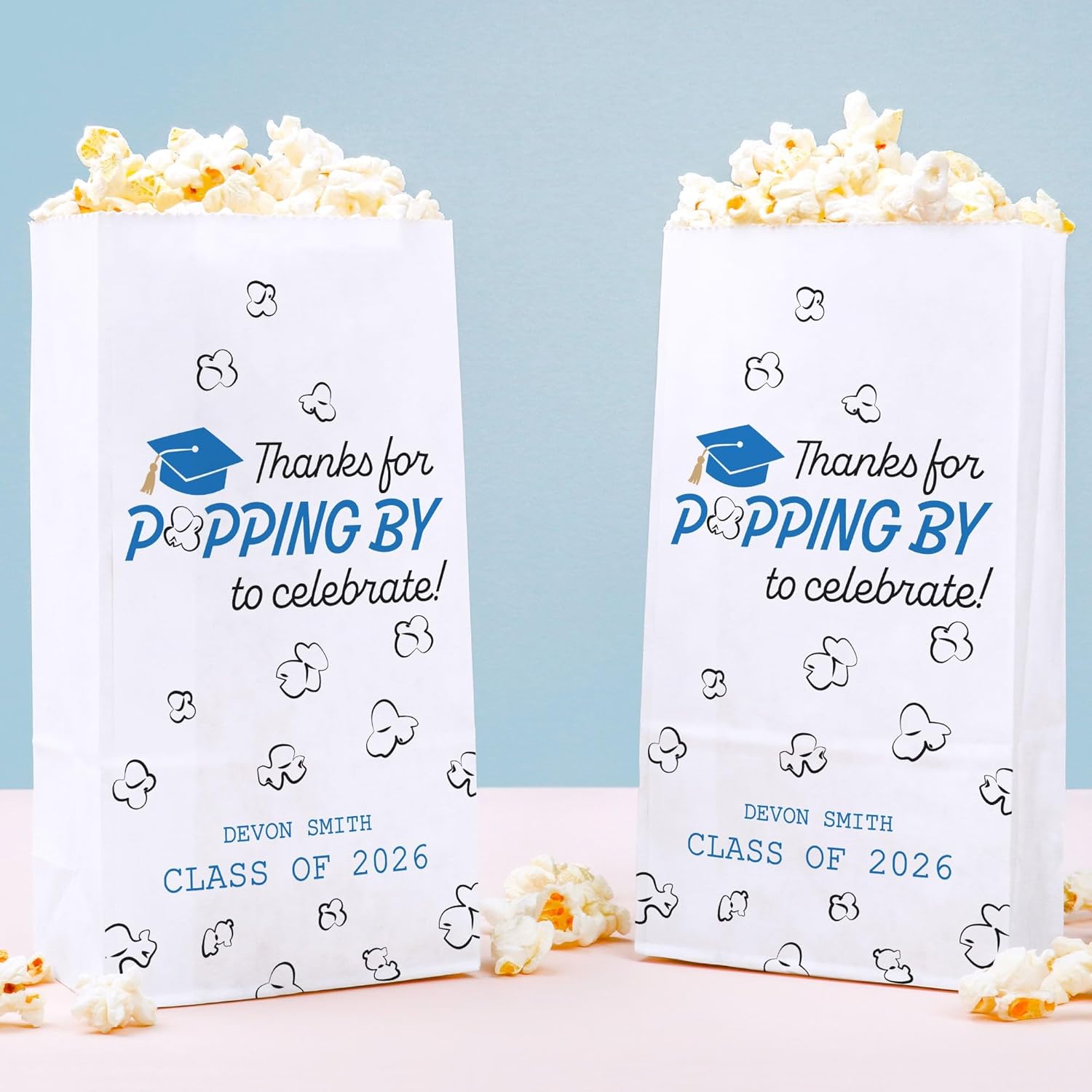 Big Dot of Happiness Personalized Blue Grad Thanks for Popping by Popcorn Bags, Custom Royal Blue Graduation Party Favor Snack Treats, Free-Standing Individual White Paper Bags - 100 Count